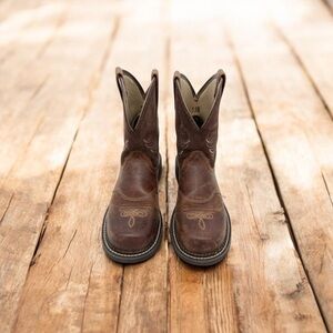 Ariat Brown Leather Western Work Boots with Embroidered Toe